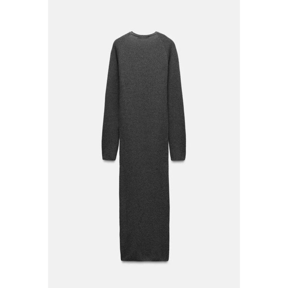 Gray Zara V-Neck Long Sleeve Textured Knit Pullover Midi Dress (NWT) - Picture 3 of 4